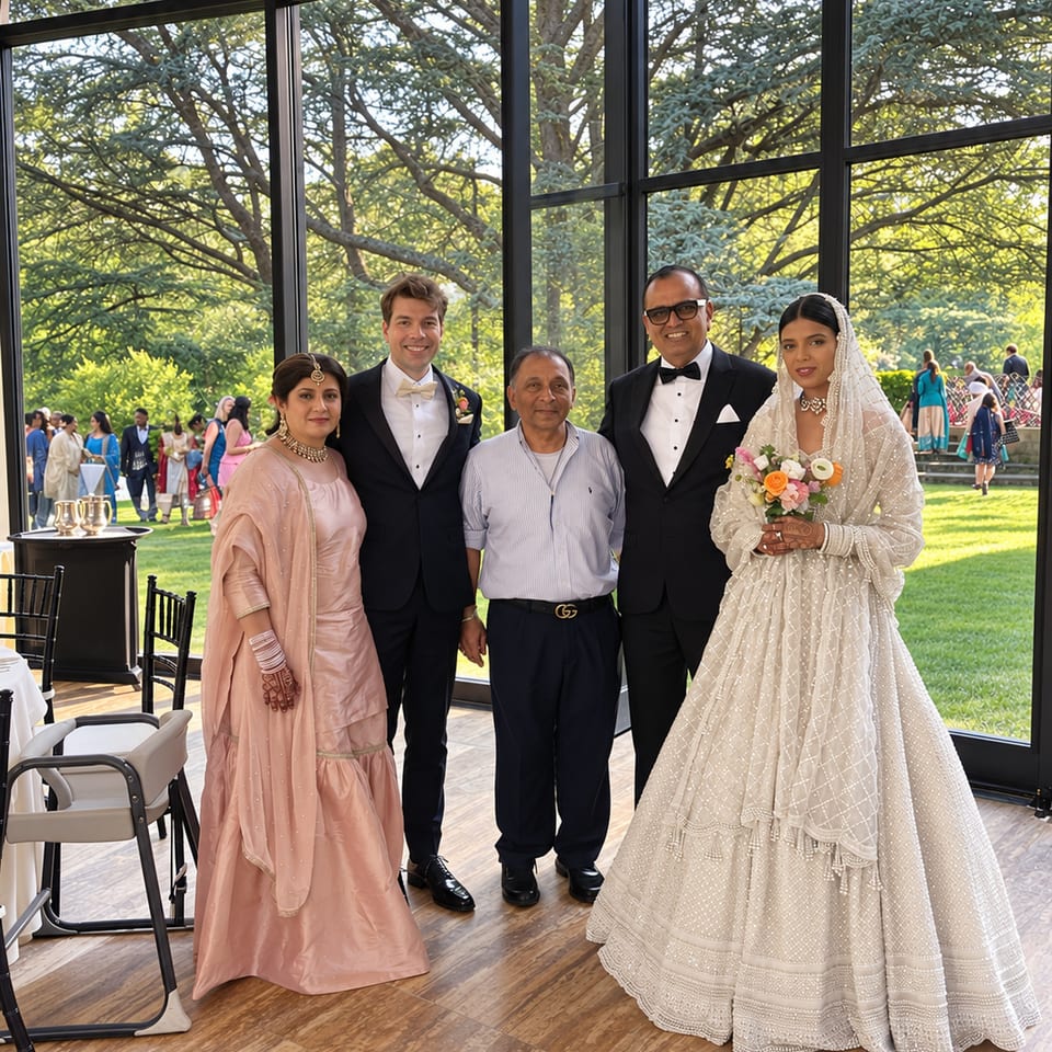 Wedding group beside tall windows overlooking a garden