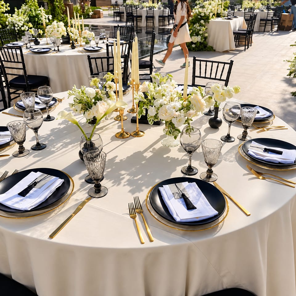 Outdoor reception table with white flowers and gold place settings