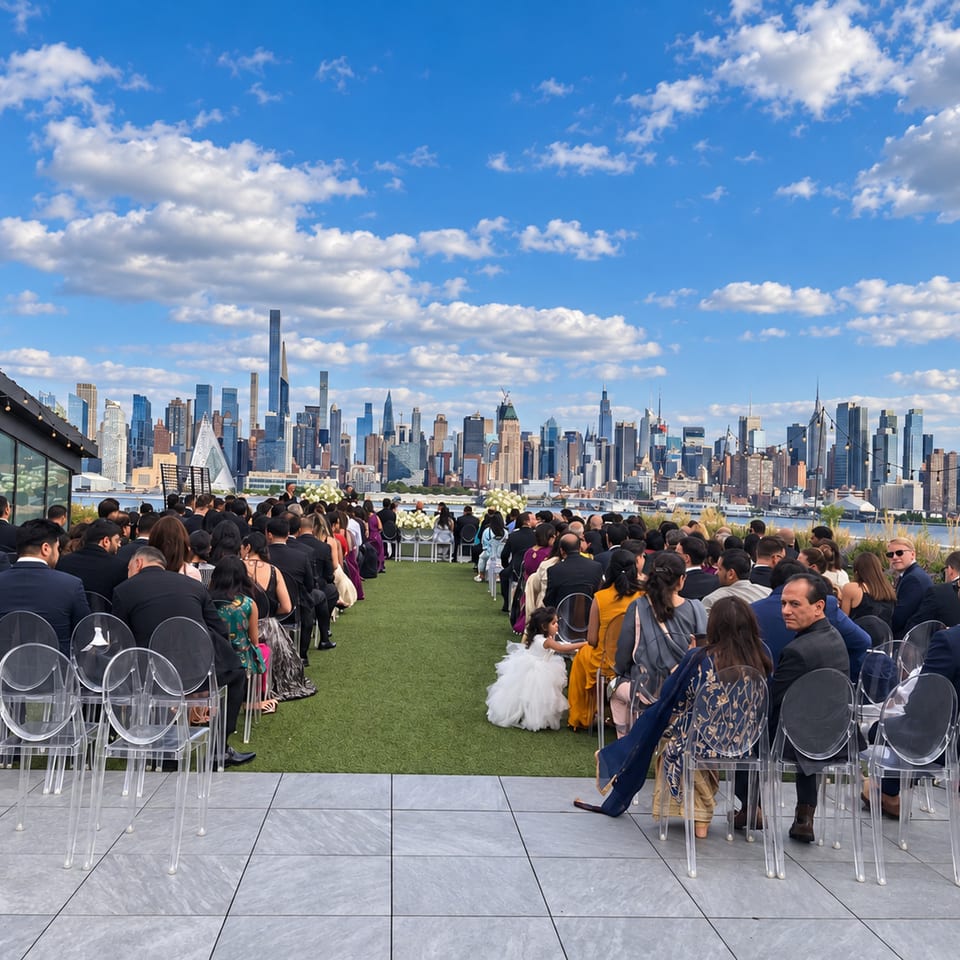 Outdoor wedding ceremony overlooking a city skyline