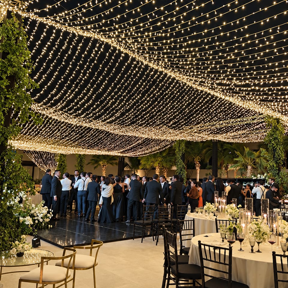 Guests mingling beneath a canopy of string lights at an outdoor evening reception