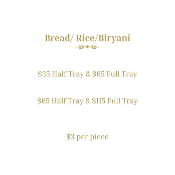 A menu for Mauka Indian Cuisine showing prices for bread, rice, and biryani in half and full trays.