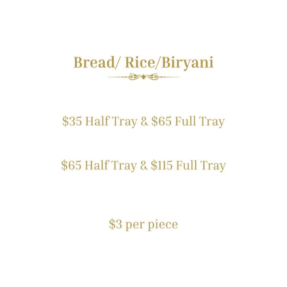 A menu for Mauka Indian Cuisine showing prices for bread, rice, and biryani in half and full trays.