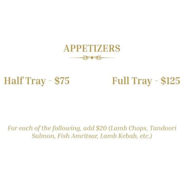 Mauka Indian Cuisine's Appetizers menu, listing Half Tray for $75 and Full Tray for $125.