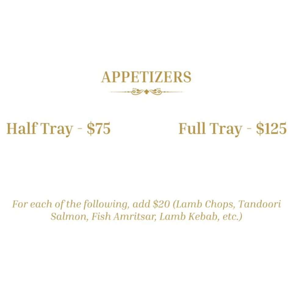 Mauka Indian Cuisine's Appetizers menu, listing Half Tray for $75 and Full Tray for $125.
